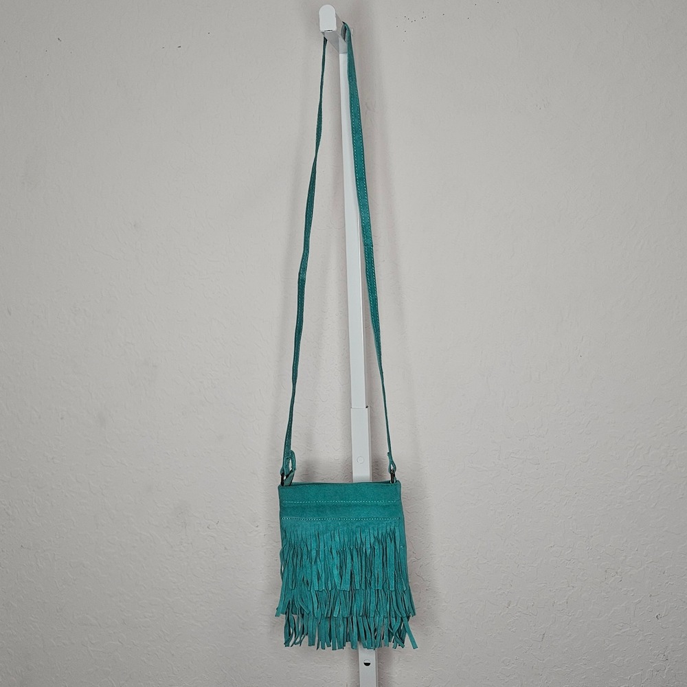 Turquoise Genuine Suede‎ Leather Fringe Crossbody Bag Small Boho Festival Teal
